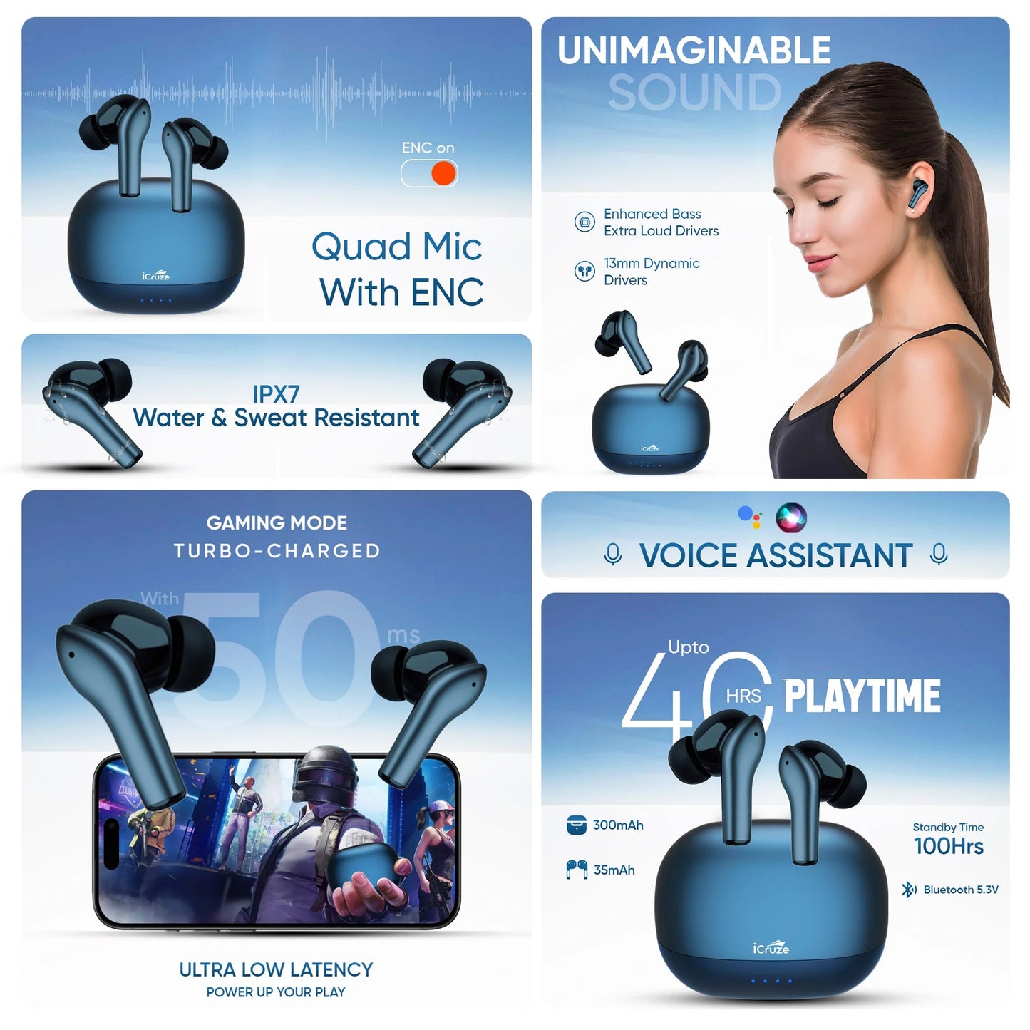 iCruze Melody TWS Earbuds (Blue)
