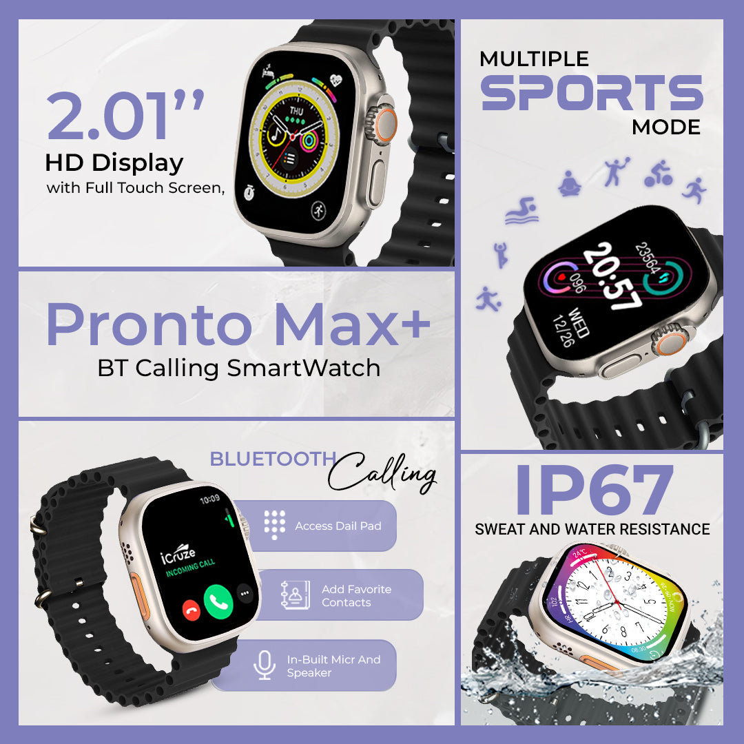 iCruze Pronto Max+ BT Calling Smart watch With 1.9″ HD Display (Black) - iCruze