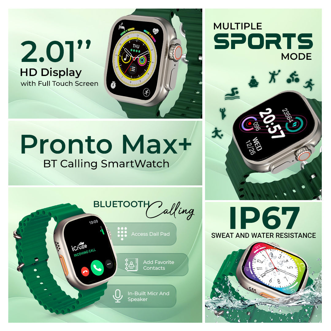 iCruze Pronto Max+ BT Calling Smart watch With 1.9″ HD Display (Green) - iCruze